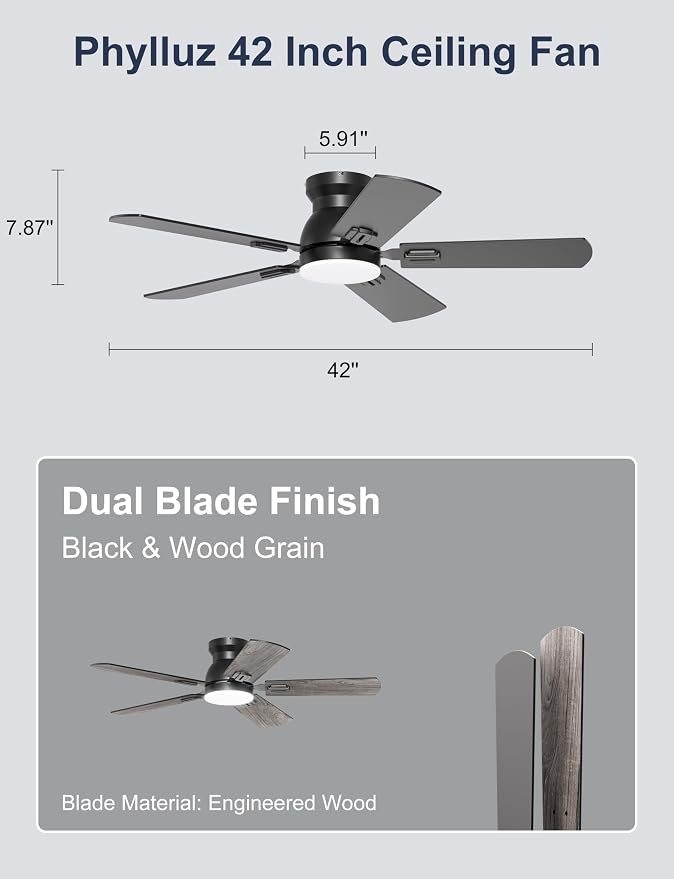 42'' Black Flush Mount Ceiling Fan with Lights for Kids Room | App/Remote Control, Low Profile, Space-Saving, Quiet DC Motor, 3CCT Dimmable, 6 Speeds Modern Overhead Fan for Low Ceilings
