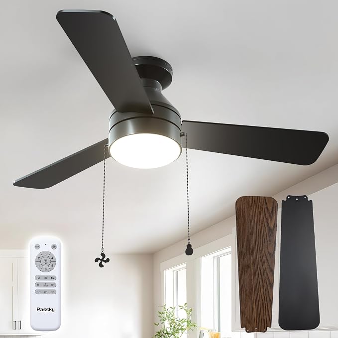 Passky Ceiling Fans with Lights, 42 inch Low Profile Ceiling Fan with Pull Chain and Remote Control, Flush Mount, Reversible, 5CCT, Dimmable, Noiseless, Black Pull Cord Ceiling Fan for Bedroom