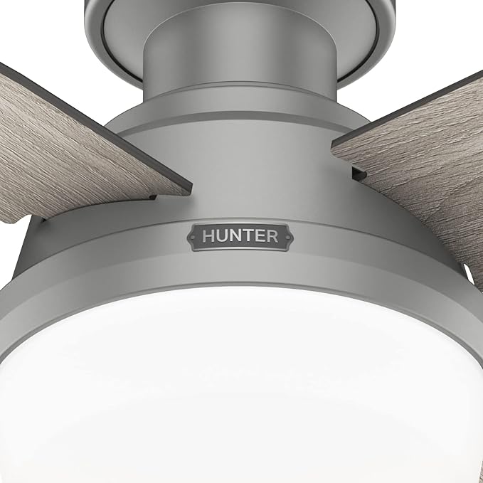 Hunter 44 inch Indoor Ceiling Fan with LED Light and Remote Control - Modern Ceiling Fan, Low Profile Mount, 4 Blades, For Bedroom, Living Room, or Kitchen, Quiet - Dempsey 51757, Matte Silver