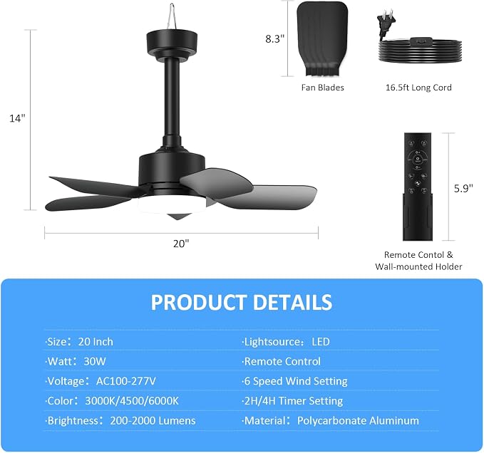 Small Ceiling Fan with Light & Remote, 20" 30W 2000 Lumens 3 Colors 3000K-6500K 6-Speed Outdoor Fans for Patios,Gazebos and Canopy, Portable Plug in Ceiling Fan Light for Garages, Camping, RV, Tents.