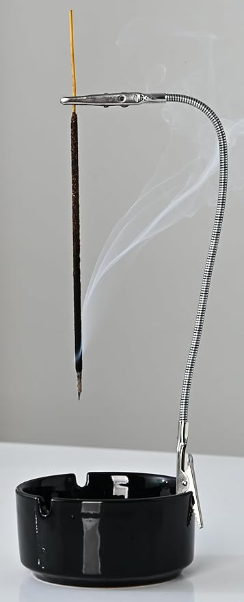 Modern Incense Holder with Flexible Metal Stand, Ceramic Ash Collector Base, Minimalist Design for Home Meditation and Aromatherapy. (Black + Clip)