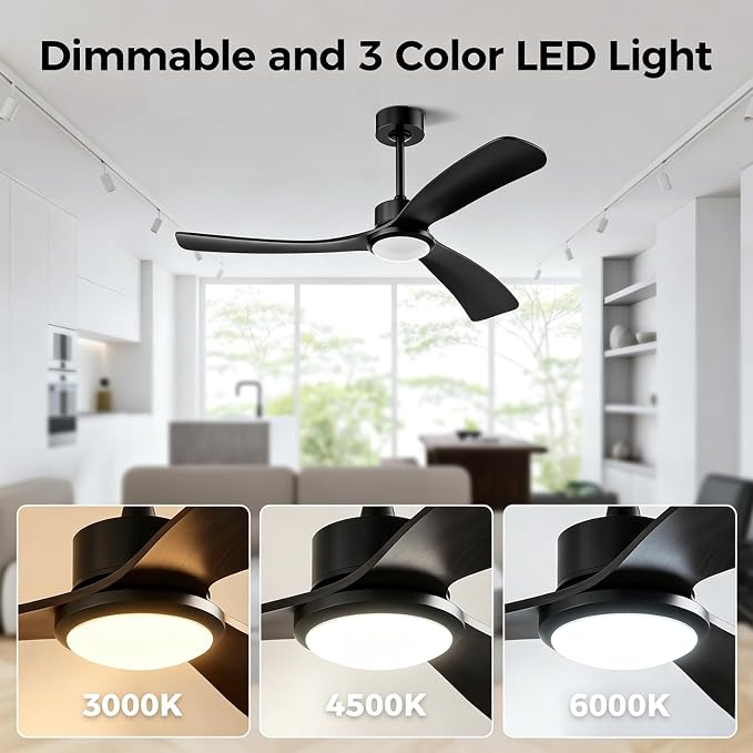 Obabala 52 Inch Ceiling Fan with Light and Remote, 3 black Solid Wood Blades, DC Motor Quiet 35dB, Dimmable LED Reversible for Bedroom Living Room Indoor Outdoor, 6 Speed Timer Downrod