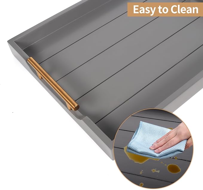 SXNOWS Wooden Serving Tray with 2 Sets of Handles,Gray | 16.5x13 Inch Large Ottoman Tray for Living Room Coffee Table Breakfast in Bed BBQ Party, 4 Round Coasters Included