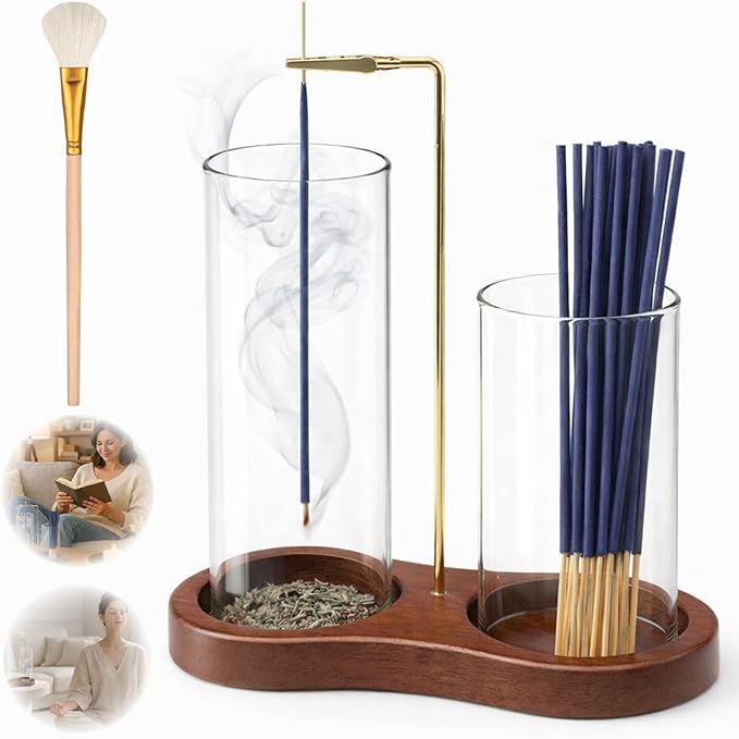 2-in-1 Incense Holder with Glass Ash Catcher & Stick Storage, Wooden Incense Burner for Relaxation, Stress Relief, Mess-Free Home Use, Self-Care, Meditation, Yoga, Bedroom & Living Room (Retro)