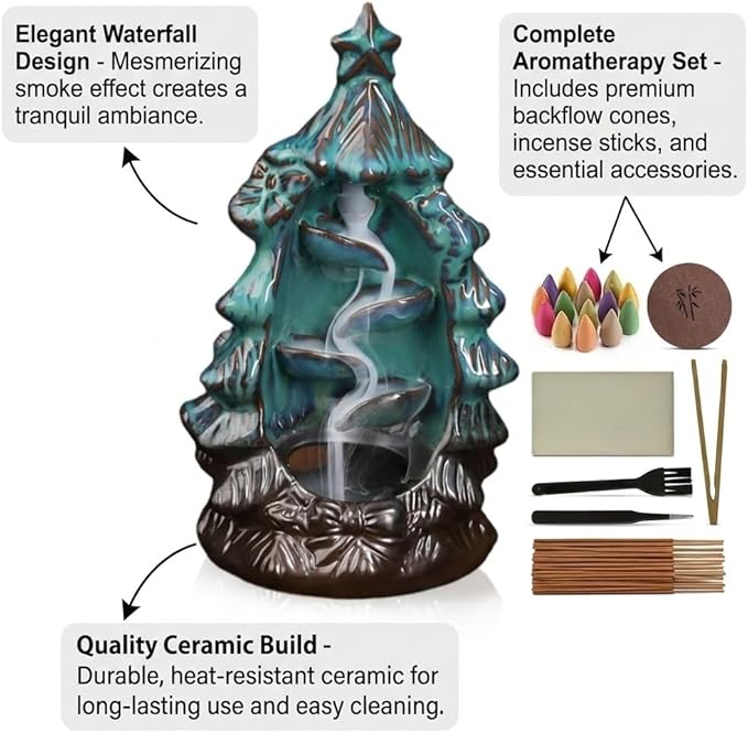 CASAFOYER Backflow Incense Holder Ceramic Waterfall Burner Set (120 Backflow Incense Cones, 30 Incense Sticks) | Complete Aromatherapy Set | Home Decor | Housewarming Gifts (Christmas Tree)
