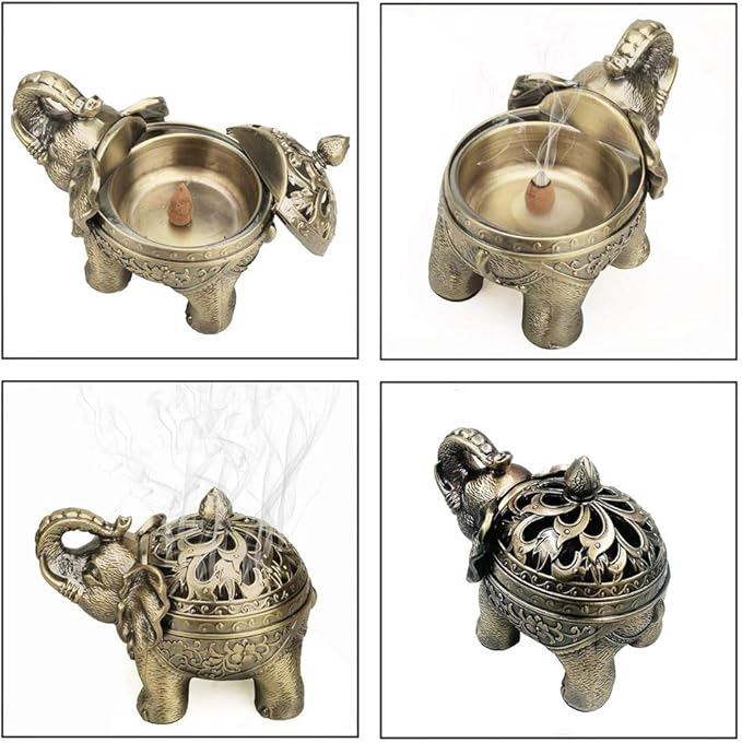 Hourwof Metal Elephant Incense Holder,Vintage Cone Coil Incense Burner with Lid,Ash Catcher,Aromatherapy Ornament Home Office Decor,Bronze