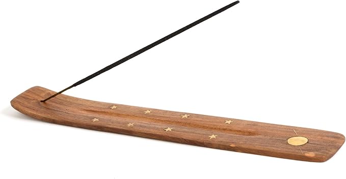 Incense Garden Wooden Incense Holder for Sticks with Inlays of Brass Sun 10 inches Long