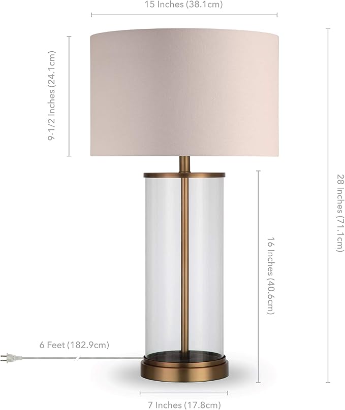 Henn&Hart 28" Tall Table Lamp with Fabric Shade in Antique Brass/White, Lamp, Desk Lamp for Home or Office