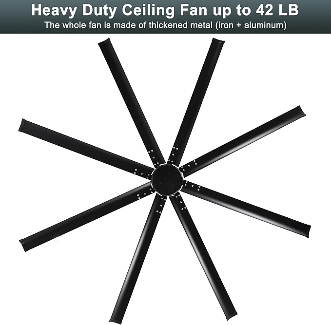 Ohniyou 96'' Industrial Ceiling Fan No Light - High CFM Large Metal Fan with 8 Aluminum Blades, Remote/APP Controlled, DC Motor, for Shop, Warehouse, Gym, Black
