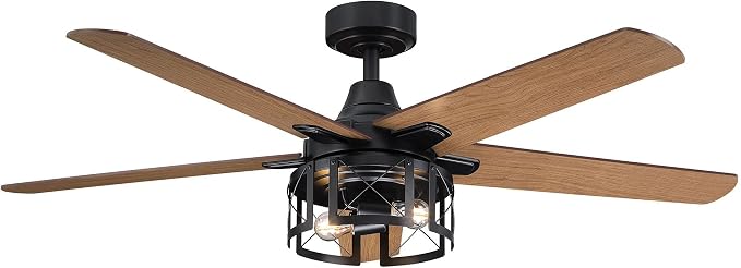 52 Inch Farmhouse Ceiling Fans with Lights, Rustic Cage Ceiling Fan with Remote, 3-Speed Reversible Motor, Outdoor Ceiling Fan for Living Room, Bedroom, Patio