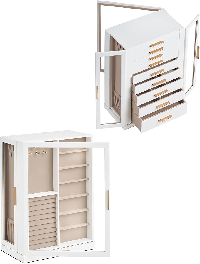 Glimmloop 360° Rotating Jewelry Box with 9 Drawers, Spacious Vertical Jewelry Organizer with Glass Window, Jewelry Storage Case, Dustproof & Moisture-resistant Design, White