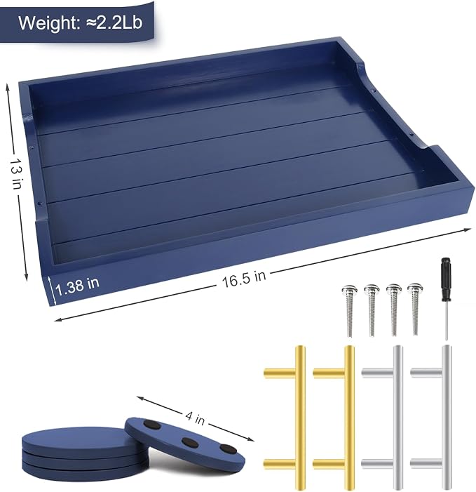 SXNOWS Wooden Serving Tray with 2 Sets of Handles,Navy Blue | Rectangle 16.5x13 Inch Ottoman Decorative Tray for Coffee Table Kitchen Bar Living Room Breakfast in Bed, 4 Coasters Included