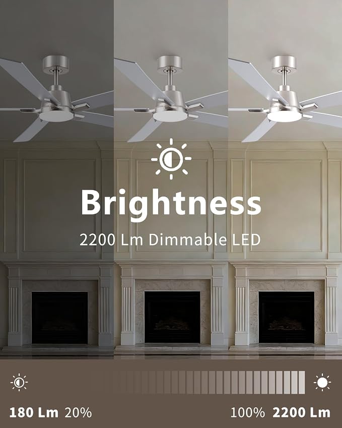 60 Inch Brushed Nickel Downrod Ceiling Fans with Lights and Remote | 3CCT Dimmable LED, 6 Speed, Quiet DC Motor, 3-Level Timer Function, Forward/Reserve For all Seasons, Indoor/Covered Outdoor