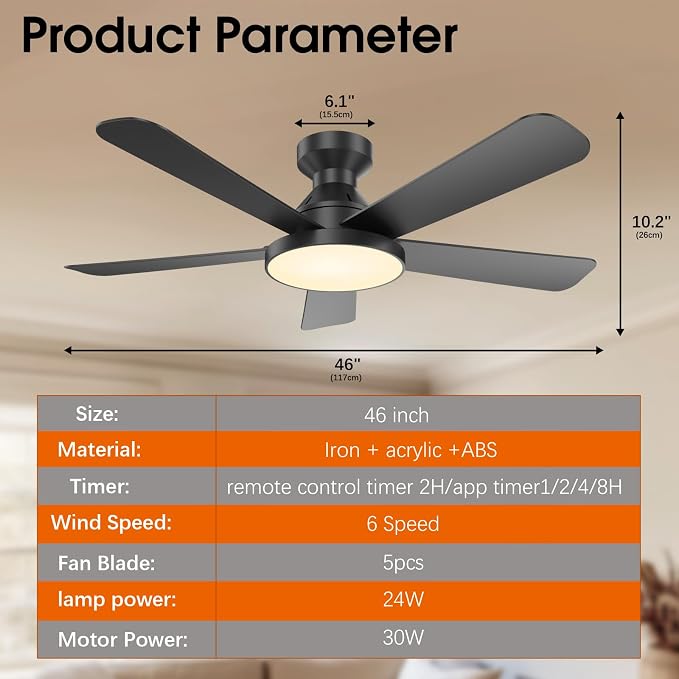 Ceiling Fans with Lights, 46" Low Profile Ceiling Fan with Light, Remote/App Control, Flush Mount Black Ceiling Fan for Bedroom, Indoor/Outdoor