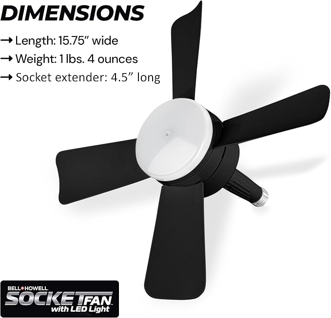 Bell+Howell Socket Breeze Deluxe, Small Ceiling Fan with LED Light and Remote, Adjustable Speeds and Brightness, Light Socket Fan for Bedroom, Kitchen, Living Room, 1000 Lumens