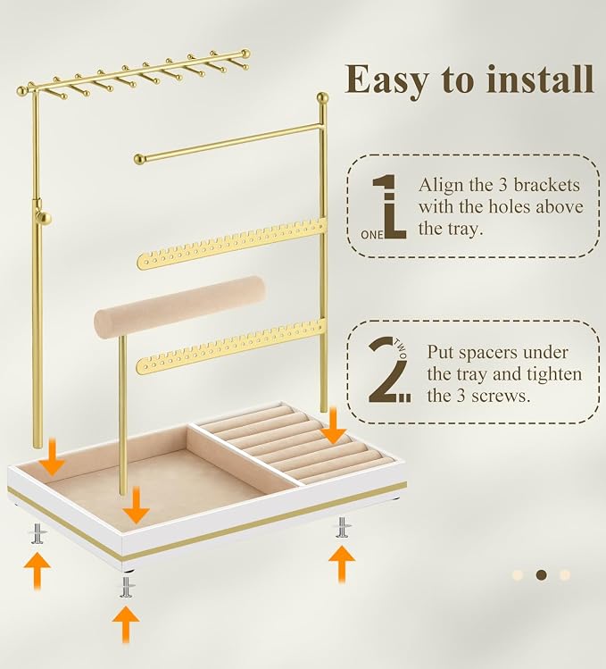 Emibele Jewelry Necklace Holder, 5 Tier Jewelry Organizers and Storage | Earring Bracelet Holder, Jewelry Display with Metal Frame Velvet Ring Tray, Aesthetic Jewelry Stand Gifts for Women, Gold