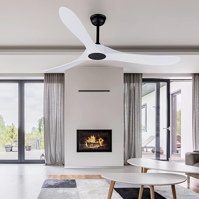 Bigzone 60" White Ceiling Fan Without Lights,DC Motor Quiet Energy Saving,3 White Balsa Wood Blades,Outdoor/Indoor Ceiling Fan With Remote Control，Reversible Blades | 6 Speeds Available, Noiseless, fit for Flat/Sloped Ceiling, White Wood Blades, desgin...