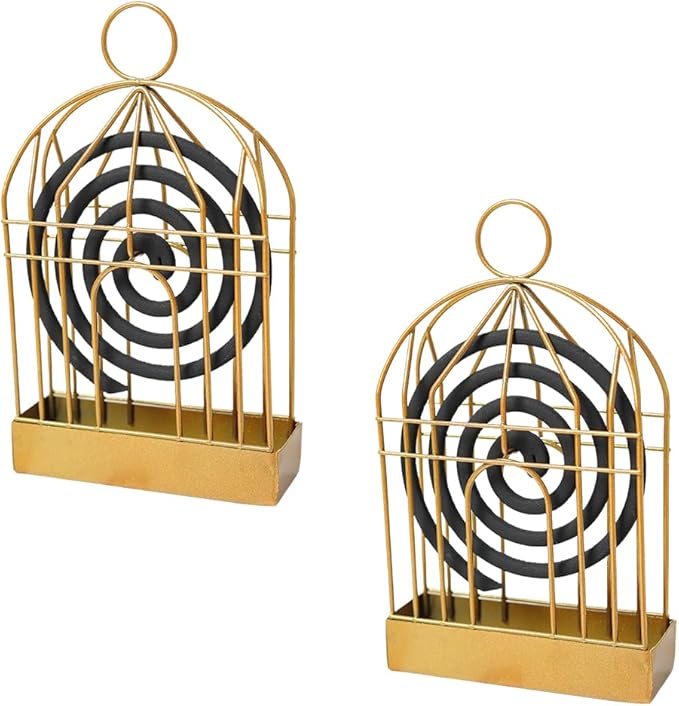 2 PCS Portable Metal Mosquito Coil Holder Incense Holder Retro Incense Coil Burner, Hanging Bird Cage Outdoor Home Garden Decor for Courtyard Bar Office Desktop (Golden)