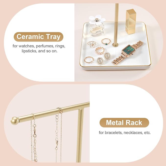 Necklace Holder Stand with Ceramic Tray, 13.78" Tall T Bar Jewelry Organizer for Tangle Free Storage, Gold Necklace Holder for Bracelets Rings, Vanity Dresser Room Decor, Gift for Women Girls