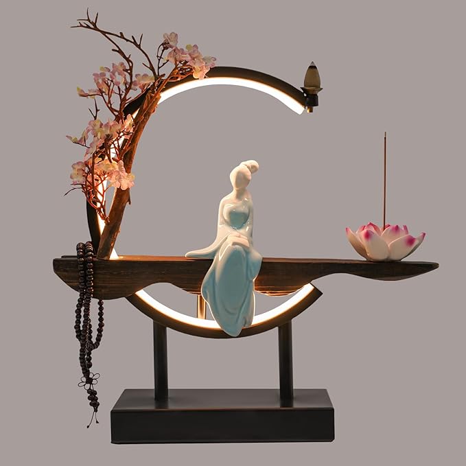 TFCFL Backflow Incense Holder with LED Light Ring, Chinese Style Handmade Flower Censer Incense Cone Sticks Burner Home Decor Aromatherapy Ornament Incense Holders + Cone