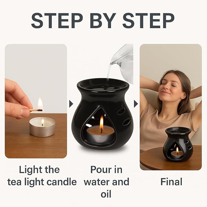 Pure Source India Ceramic Essential Oil Burner Wax Melt Burners |Aromatherapy| Ceramic Oil Diffuser| Candle Tealight Holder (Set of 1) Home Bedroom Decor Christmas Housewarming Gift, Black