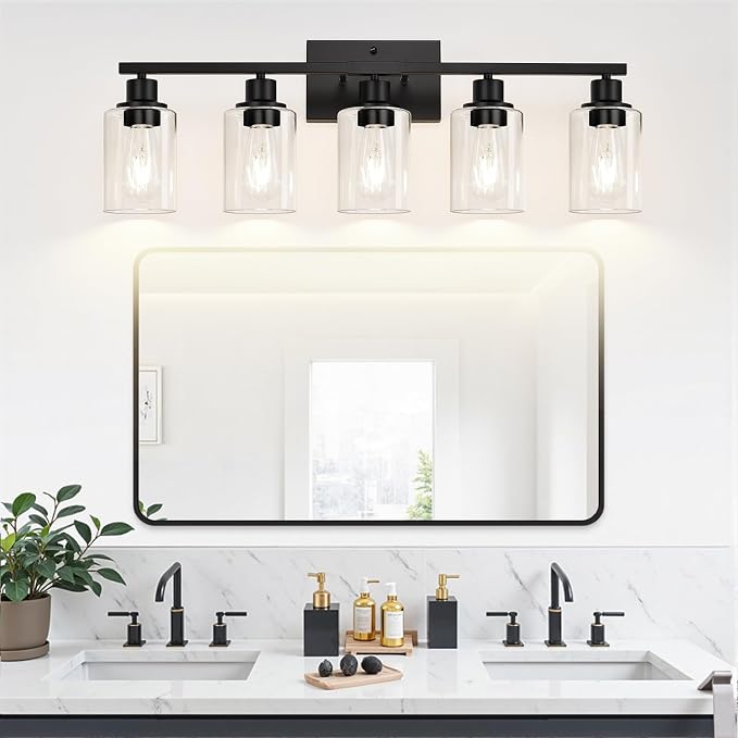 Indoi 5-Light Bathroom Light Fixtures, Matte Black Modern Vanity Lights with Clear Glass Shades, Bathroom Wall Lamp for Mirror Living Room Cabinet Bedroom Porch