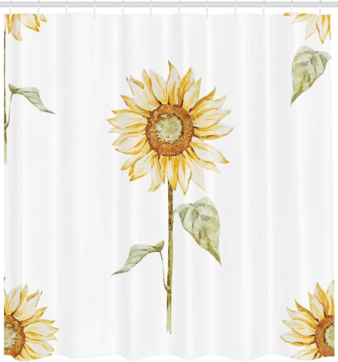 Ambesonne Sunflower Shower Curtain, Sunflowers Watercolor Painting Effect and in Minimalistic Design Art, Cloth Fabric Bathroom Decor Set with Hooks, 69" W x 70" L, Yellow Green