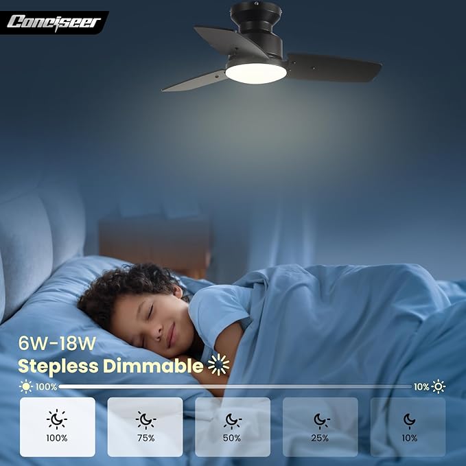 30 Inch Ceiling Fans with Lights and Remote, Bedroom Living Room Office, Flush Mount, 6CCT Dimmable, Dual Color 3 Blades 6 Speed Reversible Quiet DC Motor, Black/Wood Grain