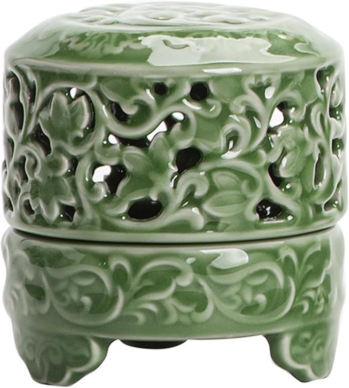 Mini Ceramic Incense Burner - Chinese Classic Plum Green Celadon Glaze, Fragrance Cone & Stick Holder Palo Santo/Sage/Herb Burner for Meditation, Yoga, Desk Decor, Zen Relaxation Gift (Cloud-A)