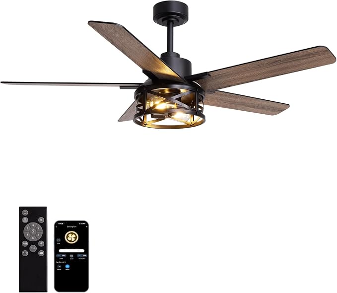 52 Inch Ceiling Fans with Lights and Remote Control, Low Profile Farmhouse Ceiling Fan for Bedroom Living Room and Patio, Black Caged Ceiling Fan for Indoor and Outdoor（NO BULBS）