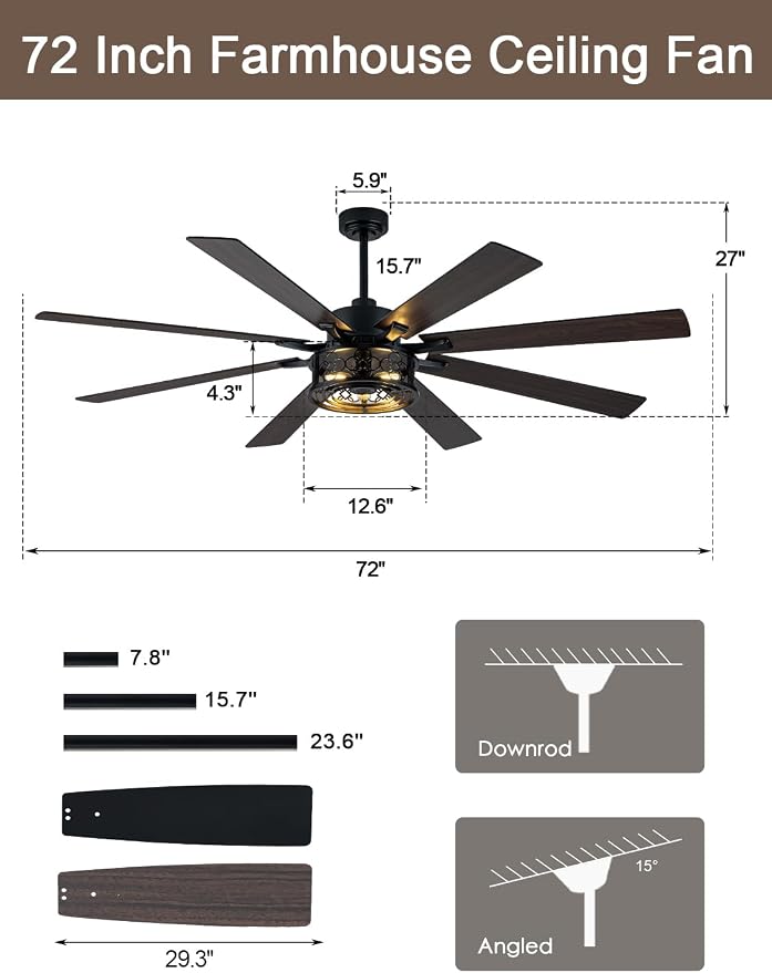 72" Farmhouse Ceiling Fan with Lights Remote Rustic Ceiling Fan | Black Caged Fandelier, Industrial Chandelier Light for Living Room Covered Porch, 8 Dual Blades Reversible DC Motor 6 Speeds