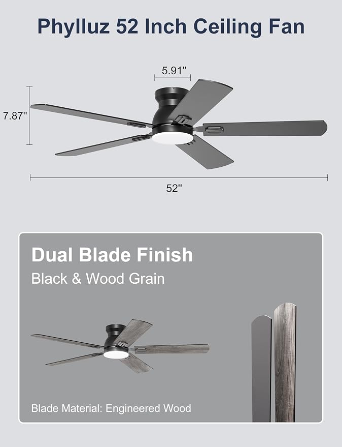 52'' Flush Mount Ceiling Fan with Lights, Space-Saving Low Profile for Low Ceilings, App/Remote Control, Safe Quiet DC Motor for Bedroom Living Room, Dimmable, Black