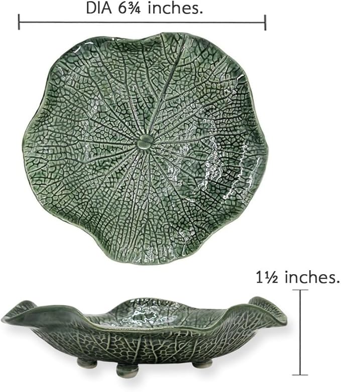 Tiny 6¾" Green Lotus Leaf Shaped Tray - Handmade Ceramic Porcelain Decorative Plate Dish Catchall Miniature Container For Jewelry Personal Items Incense Holders Trays Décor Gifts