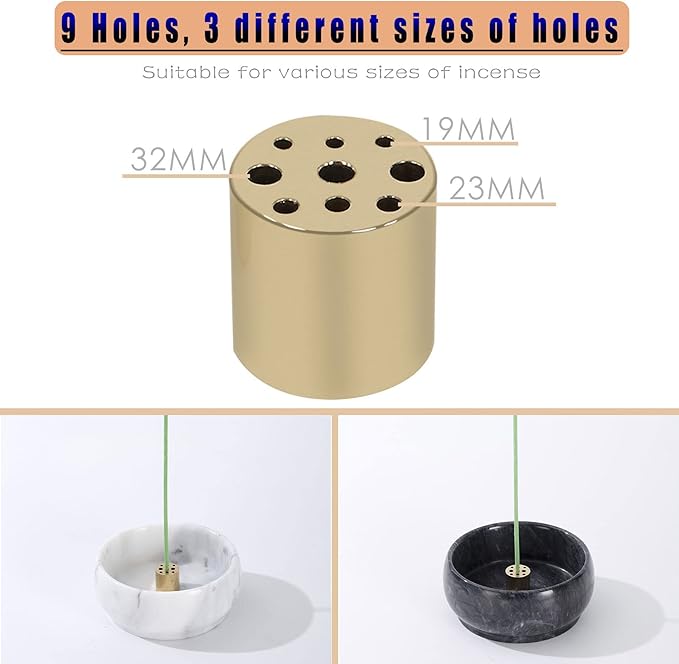 Incense Holder, Incense Burner ash Catcher with Brass 9 Holes Incense Stick Holder for Home Decor Yoga Spa Madiation (Natural Black Marble) Birthday Gifts for Women