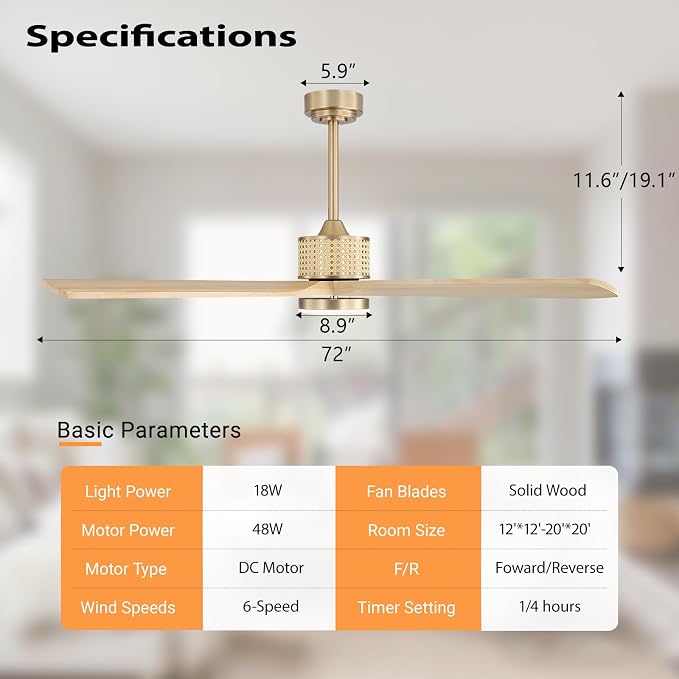 LEDLUX 60" Ceiling Fan with Light – Remote Control, Solid Wood, Quiet Reversible DC Motor, Light Oak/Gold Finish, Includes 4.5"/12" Downrods, Noiseless Ceiling Fan for Bedroom, Living Room, Porch