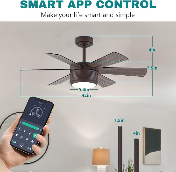 SHOWDI Brown Ceiling Fans with Lights and Remote, Quick Installation, 42 in | 2 Blade Color, Metal Material, App Remote Control, Timer, Reversible, 3CCT, Dimmable for Bedroom, Living room, Indoor