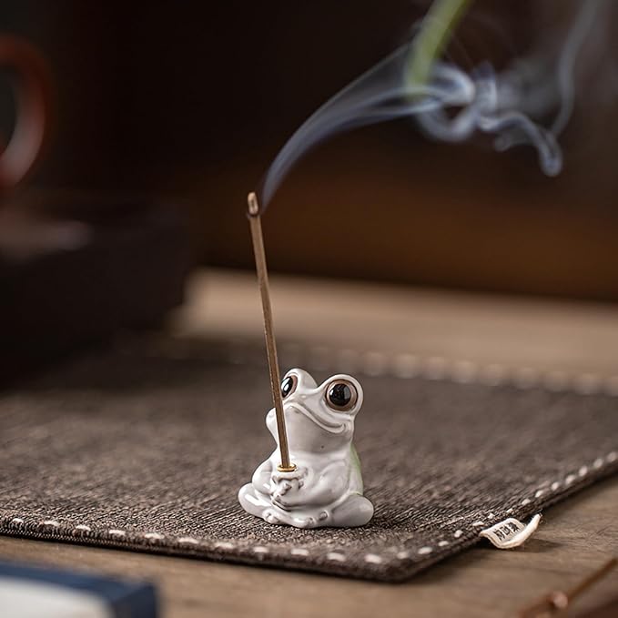 Cute Ceramic Frog Incense Holder with Ash Catcher - Japanese Zen Lotus Design Stick Burner for Meditation, Home Decor & Spiritual Gifts for Women