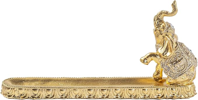 Decorative Gold Elephant Incense Holder Tray, Ornate Design with Trunk Up Figurine, Home Decor Accent Piece