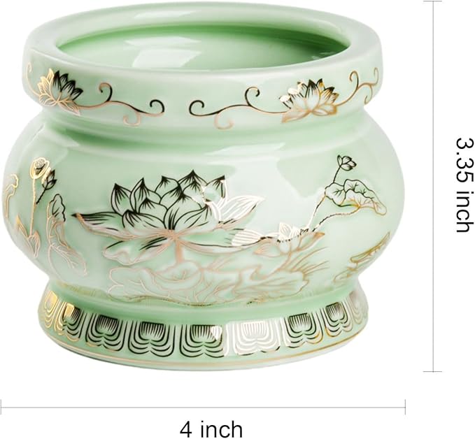 Houlu Small Green Ceramic Incense Burner Pot for Praying Buddha, Tibetan Buddhist Altar Worship Incense Censer - 4 Inches