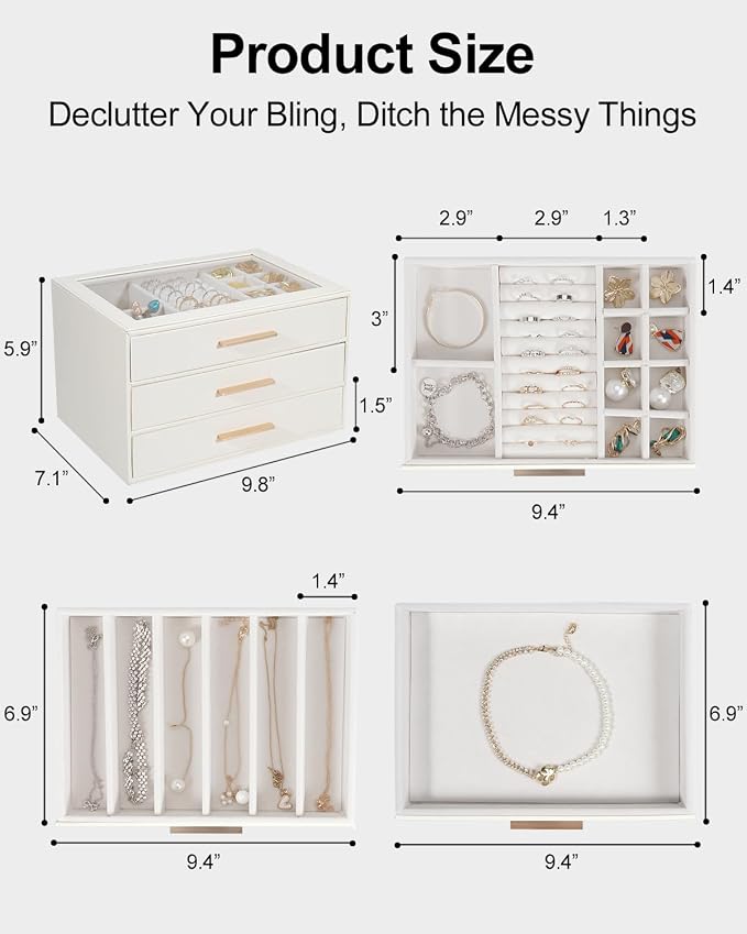 GUOER Jewelry Box for Women, Glass Lid Jewelry Organizer with 3 Drawers PU Jewelry Storage Case for Necklaces Rings Earrings Bracelets (Pink)