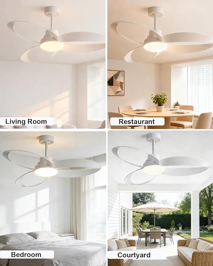 52 inch White Modern Ceiling Fans With Lights And Remote,New Round 3 Blades With 24W 2400LM High Bright LED Light, Quiet Powerful DC Pure Copper Motor for Patio Living Room Bedroom Indoor Outdoor