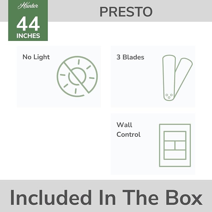 Hunter Presto, Indoor, Ceiling Fan, No Light, Modern, 44 inch, Dove Grey | Low Profile Mount, Wall Control, 3 Blades, For Bedroom, Living Room, Kitchen, 52404