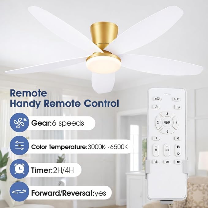 Surtime 42" Ceiling Fans with Lights-Low Profile Ceiling Fan with Light and Remote/APP Control,Flush Mount Gold Ceiling Fan with Reversible White Blades