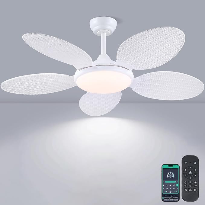 48"White Tropical Style Palm Leaf Ceiling Fans with Lights and Remote & APP | Supports Remote and APP, 6 Wind Speeds, Reversible, Dimmable 3CCT LED, 35W Quiet DC Motor,Suits for Bedroom Kitchen