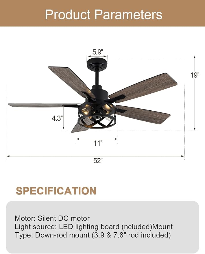 52" Farmhouse Ceiling Fan with Lights and Remote, Rustic Ceiling Fan Black Caged Fandelier Large Industrial Chandelier Light for Bedroom Living Room, Reversible DC Motor 6 Speeds