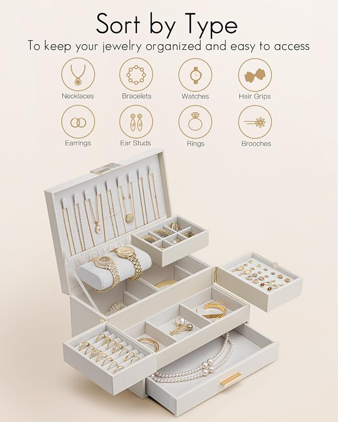 VLANDO 3 Layer Jewelry Box - Women Jewelry Box with Retractable Tray - Jewelry Organizers with Drawer for Necklaces, Rings, Bracelets, Earrings, Valentines Gift for Mom Girls - Cloud White