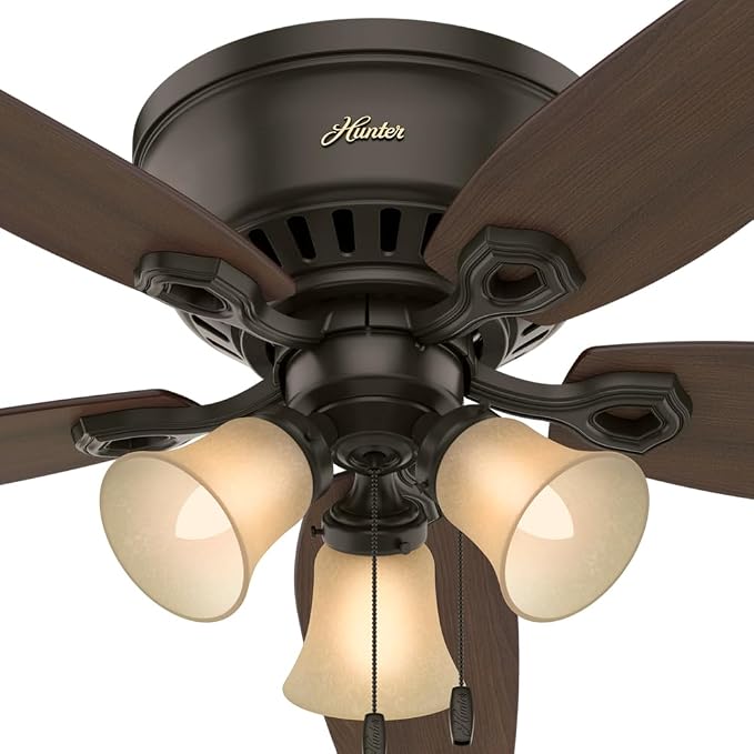 Hunter Builder, Indoor, Ceiling Fan, with LED Lights, 52 inch, New Bronze | Low Profile Flush Mount, Pull Chain, 5 Blades, For Bedroom, Living Room, Kitchen, 53327
