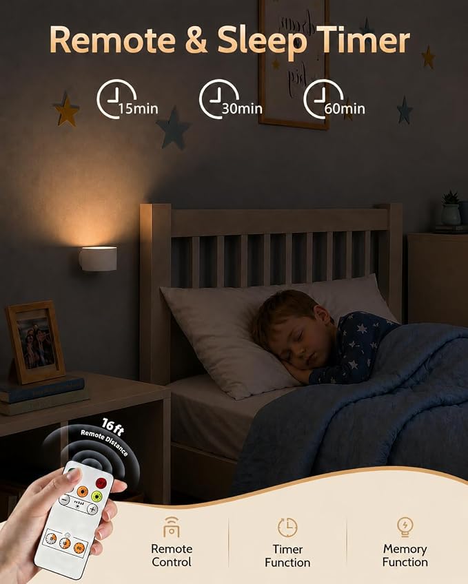 LED Wall Mounted Lights, Rechargeable Wall Sconces, 3 Color Temps, Remote & Touch, 360° Rotating and Dimmable for Bedroom, Bedside & Reading (White, 1 Pack)