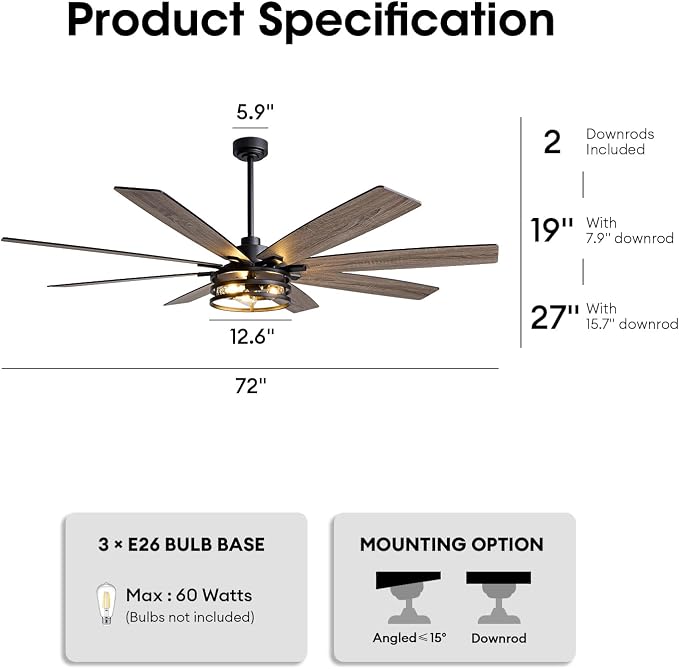 LuminFan 72 inch Large Ceiling Fans with Lights and Remote, Black Modern Ceiling Fan for Living Room, Patios, 6 Speed Reversible Quiet DC Motor, 8 Blades, Easy to Install
