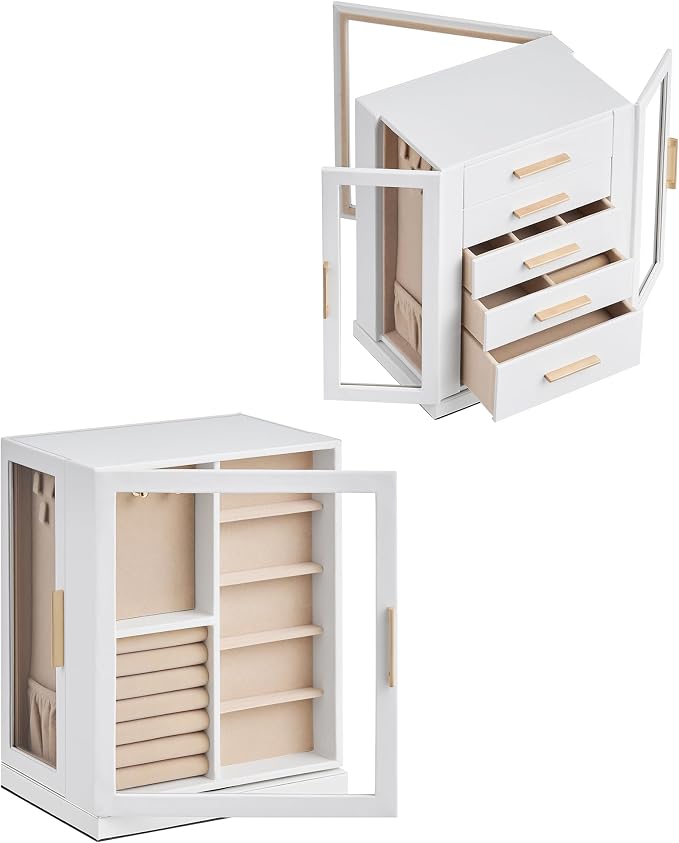 Glimmloop 360° Rotating Jewelry Box with 5 Drawers, Spacious Vertical Jewelry Organizer with Glass Window, Jewelry Storage Case, Dustproof & Moisture-resistant Design, White